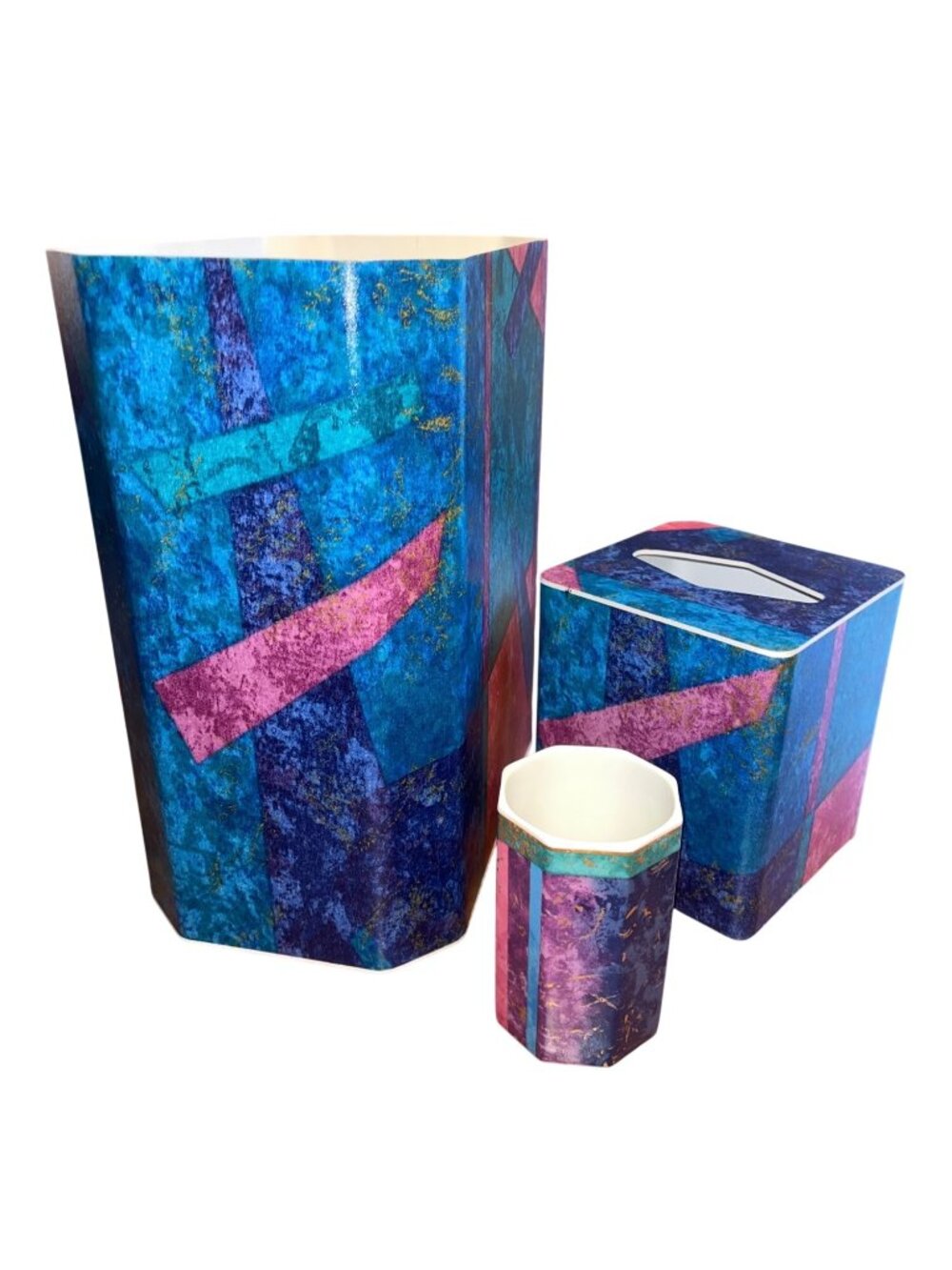 '80s Jeweled Marble Geometric Bathroom Accessory Set - Wastebasket Tissue Box Co - Picture 2 of 6